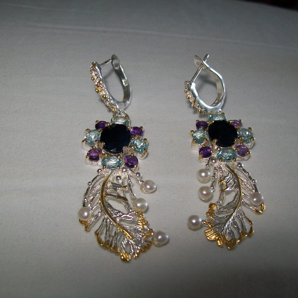 ALL NATURAL SAPPPHIRE AMETHYST AND PEARL FINE HAND CRAFTED EARRINGS